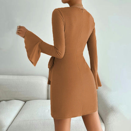 Women's Fall Long Sleeve Casual Crewneck Bodycon Ruched Tie Waist Short Mini Dress