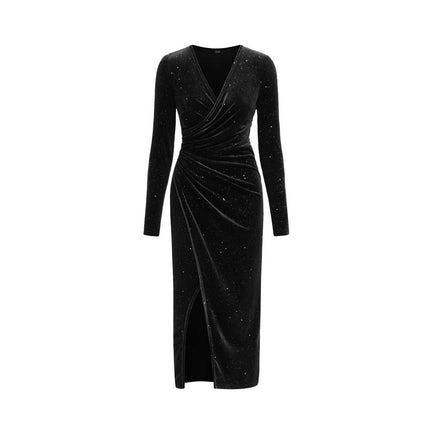 Women's V Neck Long Sleeve Velvet Bodycon Midi Dress Glitter Ruched Cocktail Party Dresses