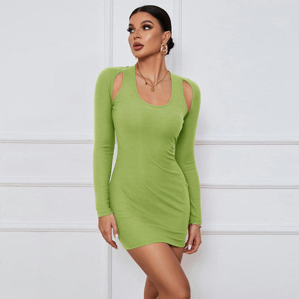 Womens Long Sleeve Crew Neck Cut Out Bodycon Slim Fit Party Mini Dress