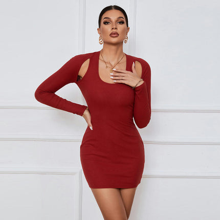 Womens Long Sleeve Crew Neck Cut Out Bodycon Slim Fit Party Mini Dress