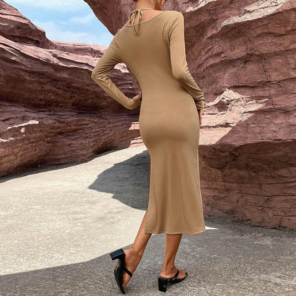 Women's Midi Dress Long Sleeve Cut Out V Neck Drawstring Slit Knit Bodycon Dresses