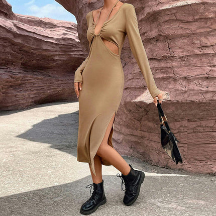 Women's Midi Dress Long Sleeve Cut Out V Neck Drawstring Slit Knit Bodycon Dresses