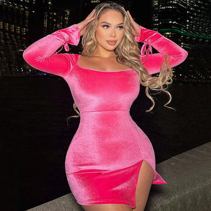 Women's Sexy Bodycon Square Neck Long Sleeve Velvet Split Elegant Party Mini Dresses