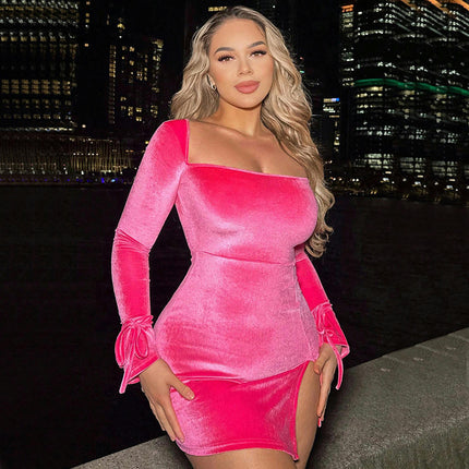 Women's Sexy Bodycon Square Neck Long Sleeve Velvet Split Elegant Party Mini Dresses