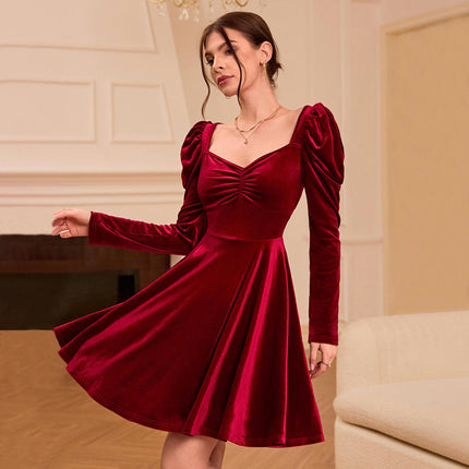 Women's Velvet Mini Dress Long Sleeve Sweetheart Neck A Line Flowy Cocktail Party Dresses