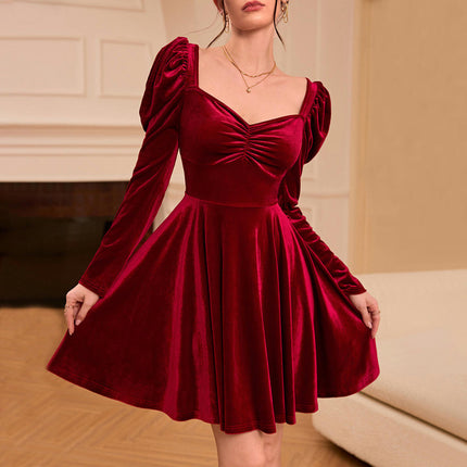 Women's Velvet Mini Dress Long Sleeve Sweetheart Neck A Line Flowy Cocktail Party Dresses