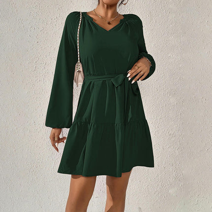 Women's V-Neck Long Sleeve Short Dress Waist Tie Ruffle A Line Swing Mini Dresses