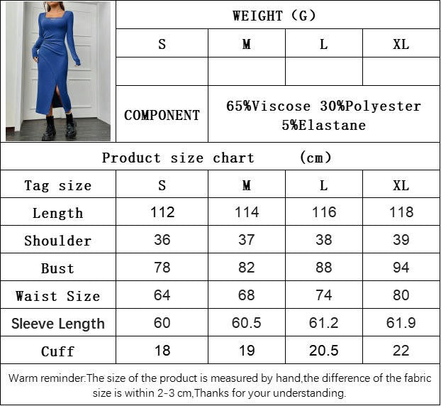 Women's Sexy Long Sleeves Ruched Split Square Neck Bodycon Party Club Midi Dress