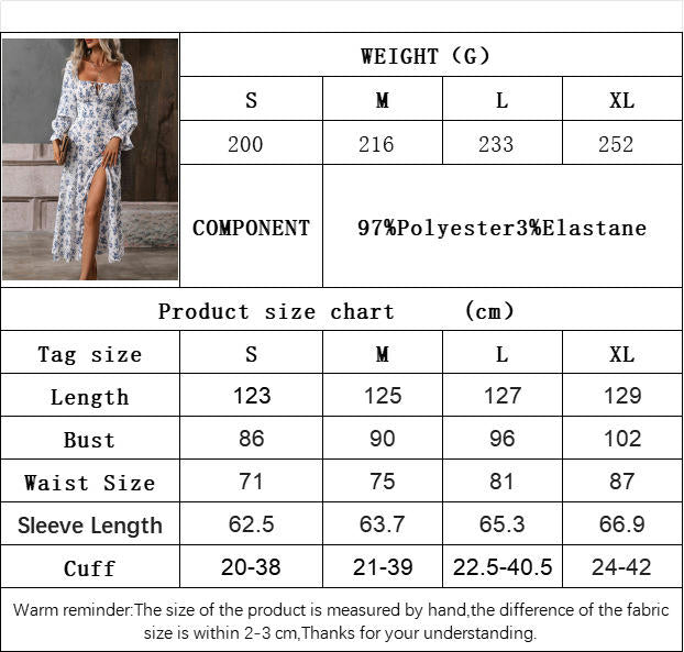 Women's Floral Print Long Sleeve Maxi Dress Sexy Square Neck Split A-line Beach Dresses