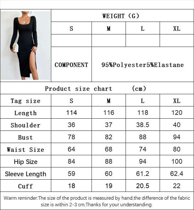 Women's Sexy Split Dress Square Neck Long Sleeve Bodycon Midi Dresses