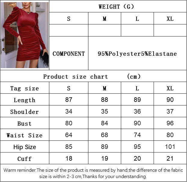 Women's Puff Long Sleeve Velvet Dress Round Neck Ruched Bodycon Cocktail Party Mini Dress