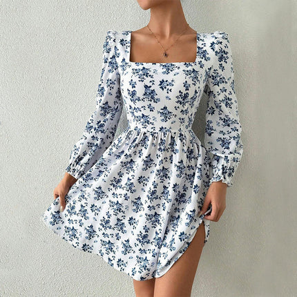 Women's Long Sleeve Tie Back Dress Ruffled Square Neck A-Line Vintage Mini Dress