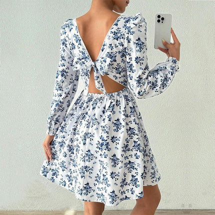 Women's Long Sleeve Tie Back Dress Ruffled Square Neck A-Line Vintage Mini Dress