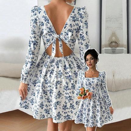 Women's Long Sleeve Tie Back Dress Ruffled Square Neck A-Line Vintage Mini Dress