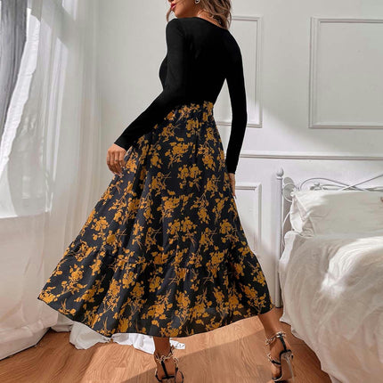 Women's Floral Print Boho Dress Long Sleeve V Neck Tie Waist A-Line Flowy Maxi Dresses