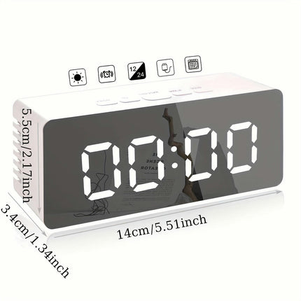 1pc White Digital Alarm Clock With Mirror Display, Multifunctional Clock, Adjustable Brightness