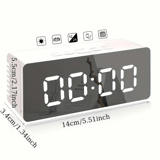 1pc White Digital Alarm Clock With Mirror Display, Multifunctional Clock, Adjustable Brightness
