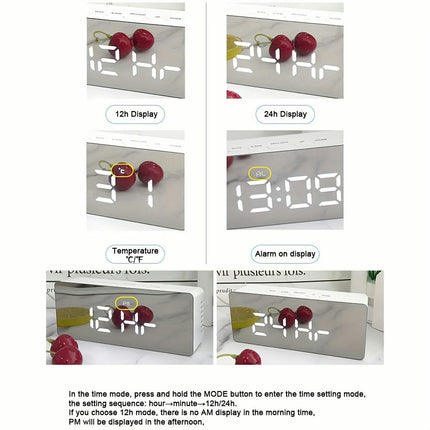 1pc White Digital Alarm Clock With Mirror Display, Multifunctional Clock, Adjustable Brightness