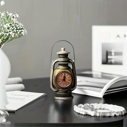 Silvery Kerosene Lamp With Clock For Living Room, Bedroom, Or Office Desk