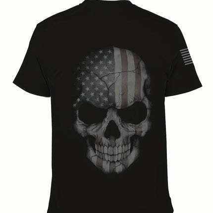 American Flag Skull Print Men's T-Shirt 3D Graphic Tee, Casual Short Sleeve Crew Neck Shirt