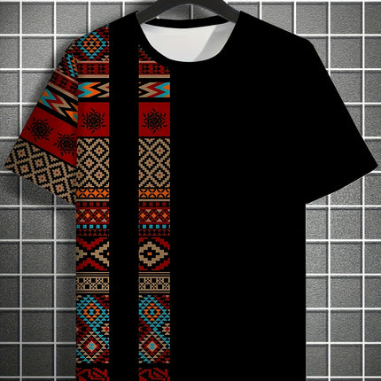 Mens Splicing Ethnic Print T-Shirt Crew Neck, Short Sleeves For Summer Casual Wear For Daily Life