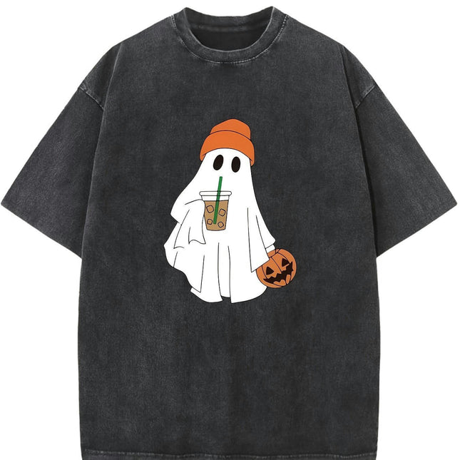 Halloween Theme Vintage Washed Cotton Patterned T-Shirt Men's T-Shirt Round Neck Tops Short Sleeve