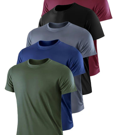 5pcs Men's Comfy T-shirt, Solid Color Short Sleeve Tee, Breathable Quick-Dry Top For Sport & Casual