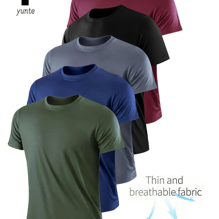 5pcs Men's Comfy T-shirt, Solid Color Short Sleeve Tee, Breathable Quick-Dry Top For Sport & Casual