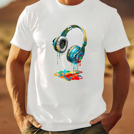 "Earphone" Pattern Cotton Casual Men's T-shirt, Short-sleeved Summer Shirt Round Neck T-shirt