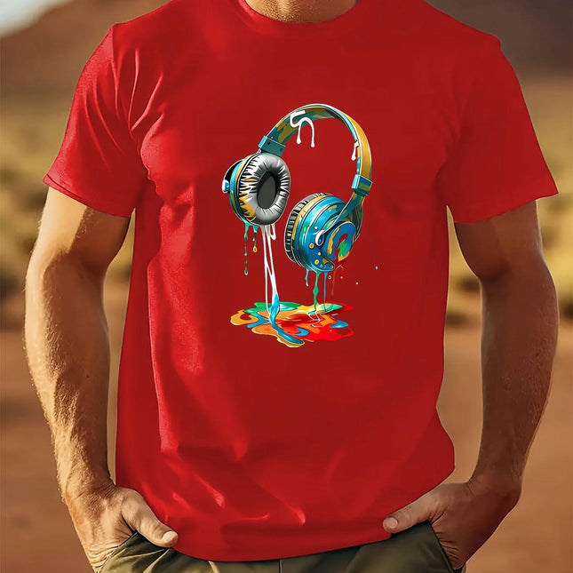 "Earphone" Pattern Cotton Casual Men's T-shirt, Short-sleeved Summer Shirt Round Neck T-shirt