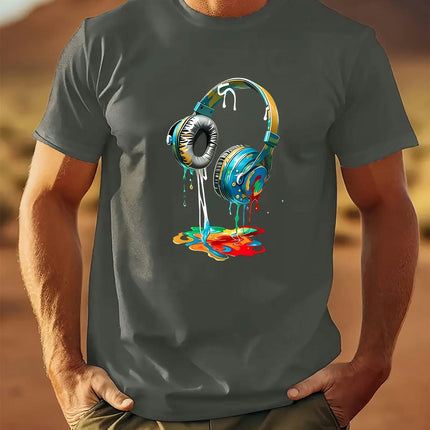 "Earphone" Pattern Cotton Casual Men's T-shirt, Short-sleeved Summer Shirt Round Neck T-shirt