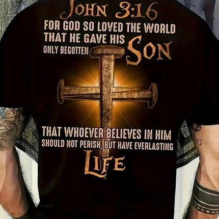 Men's Casual Black T-Shirt with John 3:16 Verse and Cross Design, Everyday Comfort Tee