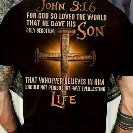 Men's Casual Black T-Shirt with John 3:16 Verse and Cross Design, Everyday Comfort Tee