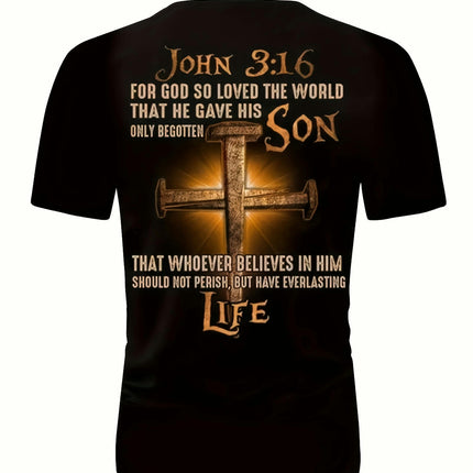 Men's Casual Black T-Shirt with John 3:16 Verse and Cross Design, Everyday Comfort Tee