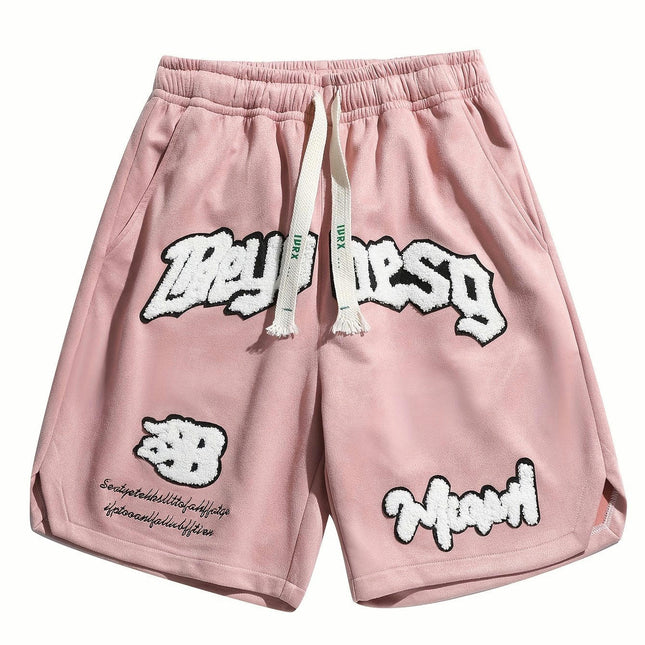 Men's Embroidery Pattern Shorts with Pockets-Casual Elastic Waist Drawstring for Summer Outdoor