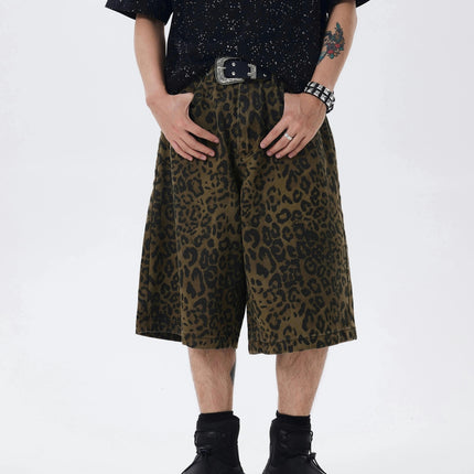 Summer Street Style Men's Casual Loose Fit Denim Shorts, Leopard Print Knee-Length Jorts