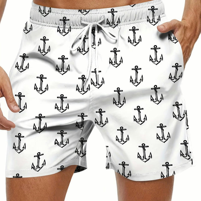 Nautical Charm Mens Hawaiian Shorts-Anchor Graphic,Drawstring Waist, Ultra-Quick Dry Swim Trunks