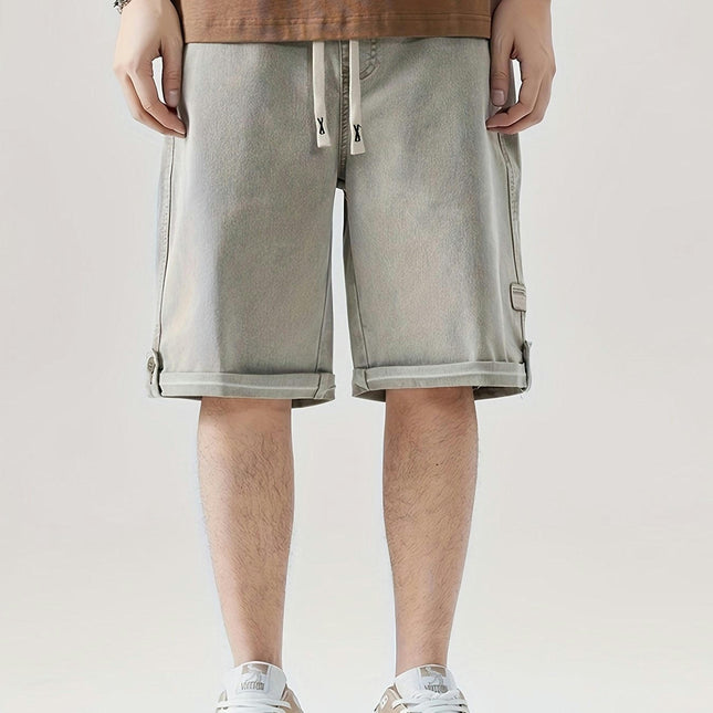 Men's Solid Denim Shorts With Pockets Drawstring Jeans For Summer Outdoor Bermuda Shorts