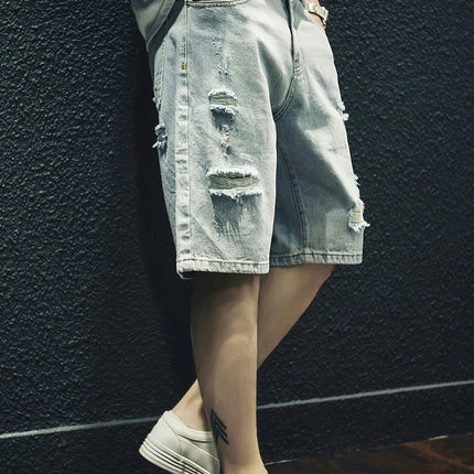 Men's Solid Ripped Denim Shorts With Pockets, Casual Cotton Blend Jorts For Summer Outdoor