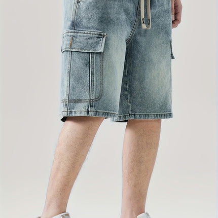 Men's Solid Denim Shorts With Pockets, Casual Breathable Cotton Blend Drawstring Jeans For Outdoor