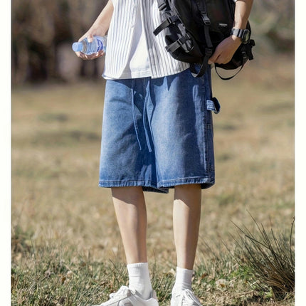 Men's Loose Solid Denim Shorts With Multi Pockets, Comfortable, For Summer