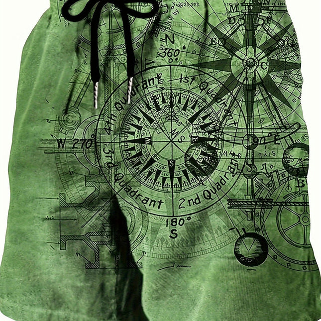Men's Vintage Compass 3D Printed Beach Shorts Drawstring Quick Dry Shorts, Lightweight Shorts