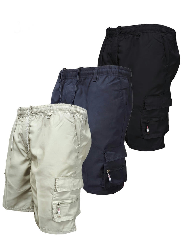 3pcs Mixed Color Men's Elastic Waist Cargo Shorts With Side Pockets For Summer Outdoor Leisure Work