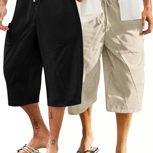 2PCS Men's Loose Fit Shorts, Summer Breathable Drawstring Shorts, Wide Leg Sports Leisure Shorts