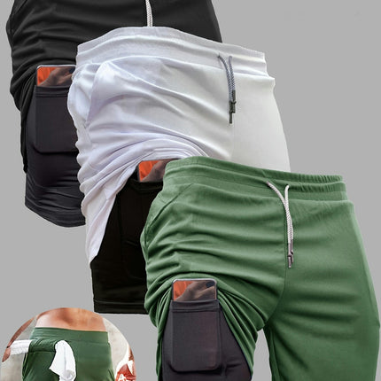 3pcs Men's 2-in-1 Double Layer Shorts With Inner Pocket, High Stretch Slim Fit Sports Shorts