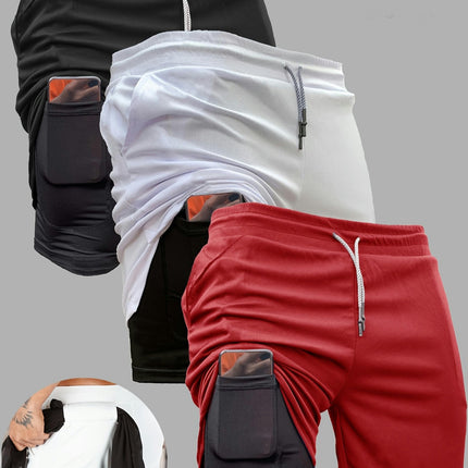 3pcs Men's 2-in-1 Double Layer Shorts With Inner Pocket, High Stretch Slim Fit Sports Shorts