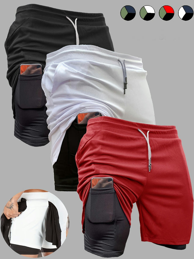 3pcs Men's 2-in-1 Double Layer Shorts With Inner Pocket, High Stretch Slim Fit Sports Shorts