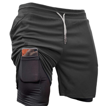 3pcs Men's 2-in-1 Double Layer Shorts With Inner Pocket, High Stretch Slim Fit Sports Shorts