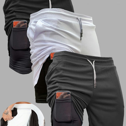 3pcs Men's 2-in-1 Double Layer Shorts With Inner Pocket, High Stretch Slim Fit Sports Shorts
