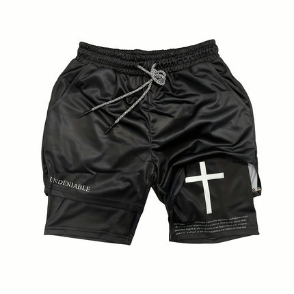 Cross Print Shorts Summer Double Layer Beach Pants Men's 2 In 1 Athletic Gym Shorts